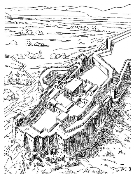 Тиринф. Акрополь. Аксонометрия акрополя после расширения в X III в. до н. э.